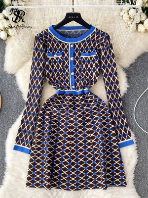 ✕┋∈ SINGREINY Color Block Knitted Dress O Neck Buttons Long Sleeves Autumn Women Senior Korean Style Streetwear A Line Sweater Dress