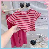 ✎◎✥ Girls Korean style childrens clothing 2022 summer new fashionable western style striped short-sleeved top cold wide-leg pants two-piece suit