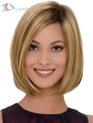 Uenel Blonde Bob Wigs for Women - Short Straight Hair Wig Natural Looking Synthetic Fashion Wigs with Wig Cap Blonde Mix Color