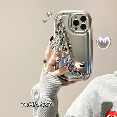 เคส Silver Bow Wrist Band สำหรับ iPhone14promax Silver Arc Cushion Case สำหรับ iPhone13 Premium Sense Electroplated Silver Case สำหรับ iPhone11Promax