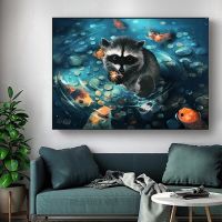 Luyameishop บทคัดย่อการ์ตูน Raccoon ภาพวาดผ้าใบ Wall Art - Lucky Koi Fish โปสเตอร์และพิมพ์สำหรับห้องเด็กและตกแต่งห้องนั่งเล่น