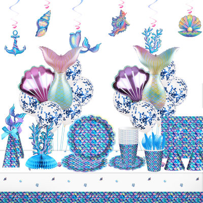 Mermaid Party Tableware ชุดถ้วยกระดาษแผ่นเด็ก1st ตกแต่ง Mermaid บอลลูน Baby Shower Favors