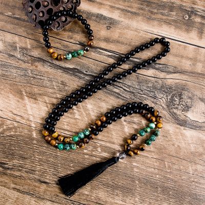 【cw】 8mm Onyx Tiger African Turquoise Necklace Sets Jalamala Jewelry ！