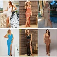 --D0512 The new 2023 in Europe and the knitting backless beach blouse sexy legs open fork skirt with shoulder-straps bikini smock