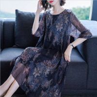 Spot 2023 New Middle -Aged Female Summer MotherS Belly Loop Dress Loose Large Size Mid -Length Chiffon Print