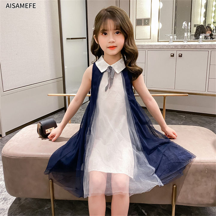 AISAMEFE Doll Collar Dress Girl New Bowknot Sleeveless Mesh Skirt Thin ...