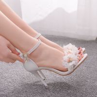 9 cm heel open-toed sandals big yards high-heeled sandals white flowers wedding shoes bridesmaid dress