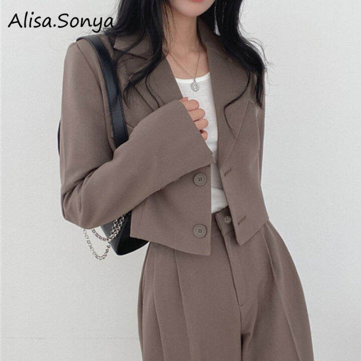 Alisa.Sonya Korean Casual Women Suits Blazer Jacket Leg High Waist
