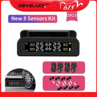 【LZ】卐  2023 14 polegada monitor 8 sensores tpms kit solor energia sem fio hd carga solar universal sistema de alarme pressão dos pneus do carro exibição