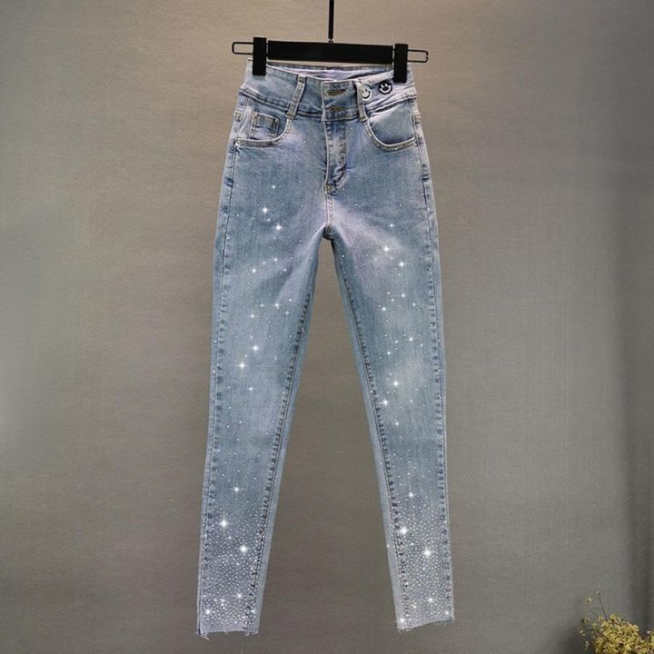 S-5XL Women Jeans Rhinestone Elastic Pencil Slim Skinny Spring