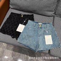 SEEN CH-* L 2023 early spring new rhombus jacquard double buckle design high waist denim shorts for women