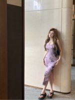 Tie-dye purple printing condole belt white gauze dress female summer cultivate ones morality split spice bag hip fishtail skirt of the dress