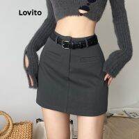 Lovito กระโปรงสั้น แต่งซิป สีพื้น สไตล์ลำลอง สำหรับผู้หญิง LNA11078 (สีเทา)