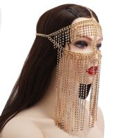 Women Handmade Faux Crystal Tassel Masquerade Mask Veil Face Chain Belly Dance Stage Cosplay Party Headband Jewelry