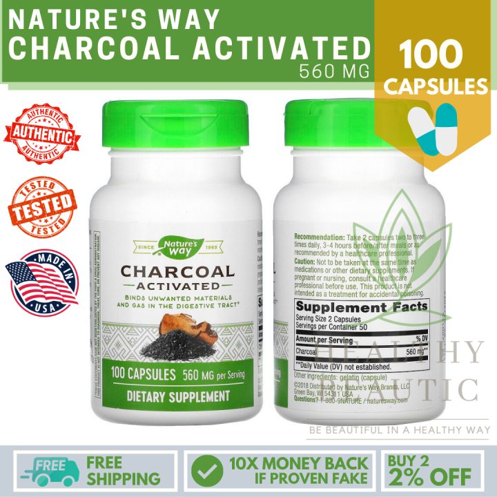 Nature's Way® CHARCOAL ACTIVATED, 100 CAPSULES, 560 mg (100% AUTHENTIC ...