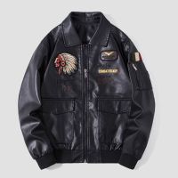 Fashion Mens PU Leather Jackets Slim Anti-wind Motorcycle Lapel Zipper embroidery pilot coat warm casual windbreaker Streetwear