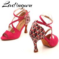 Ladingwu Dance Shoes Womems Suede And Peacock Pattern PU Ballroom Dance Shoes Latin Samba Comfortable Dance Sandals