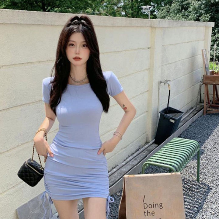 new-minidress-เดรสแฟชั่นสไตล์ฝรั่งเศษสวยๆ-เดรสแขนสั้นเว้าเอว