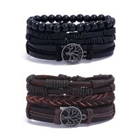 Viking 3Pcs/ set braided leather bracelet mens retro tree of life rudder amulet wooden beads national tribal wristbands