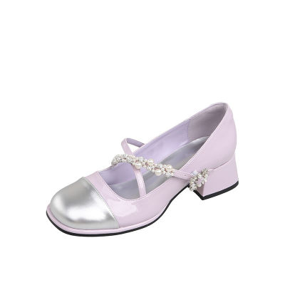 รองเท้าผู้หญิงรองเท้าส้นเดี่ยวประดับเพชรน้ำไข่มุกสีม่วง Mary Jane,รองเท้าส้นสูงส้นหนาเย็บปะติดปะต่อกัน34-40