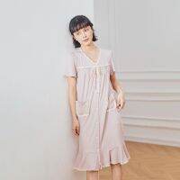 Lace lace girl nightdress pink pajamas summer female home service short-sleeved court style loose mid-length top