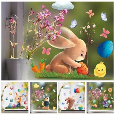 【LZ】❈✶  Cute Easter Window Stickers Cartoon Rabbit Sticker Bunny Wall Stickers Decals Happy Easter Decoration Poster