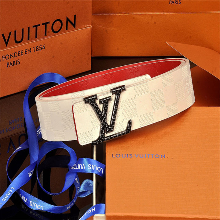 lv-เข็มขัดหนังสีขาวคลาสสิกสำหรับผู้ชาย-เข็มขัดหนังหัวเข็มขัดเรียบแฟชั่นลำลองอเนกประสงค์สำหรับชายหนุ่มเกาหลี