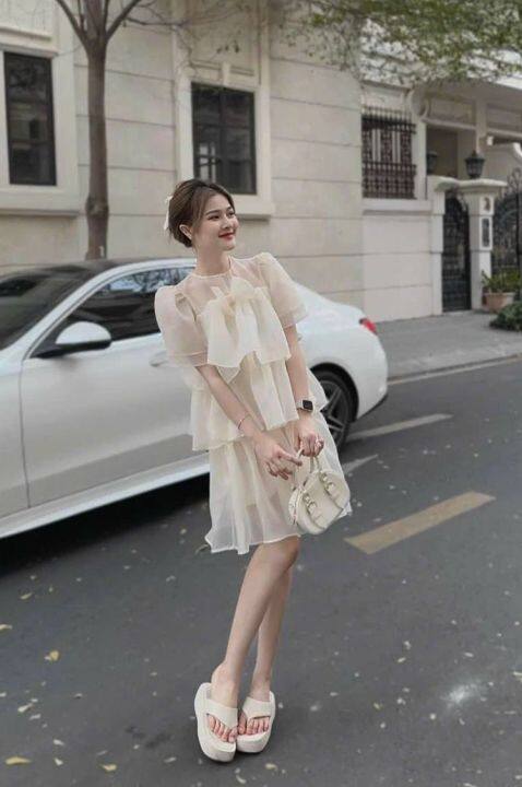 Đầm babydoll xòe tầng vải voan đính nơ dễ thương, váy xòe bồng ...