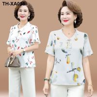 Mothers summer short-sleeved T-shirt two-piece jacket middle-aged womens western-style chiffon shirt middle-aged and elderly summer suit