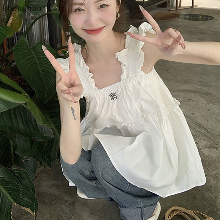 shenghao-เสื้อกล้ามผู้หญิงแขนกุดทรงหลวมแต่งระบายหวานฤดูร้อน