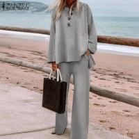 2PCS kaftan Women Solid Sets ZANZEA 2021 Casual Long Sleeve Blouses and Long Pants Female Elastic Waist Trousers Matching Sets