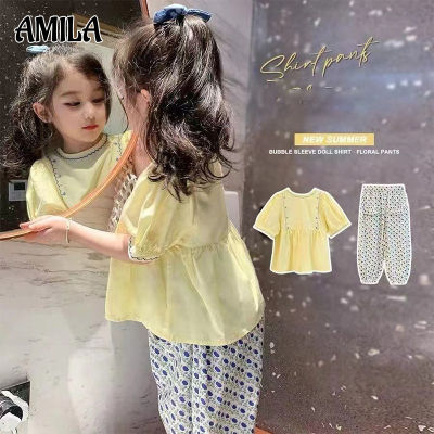 AMILA ชุดสูทเด็กผู้หญิงแฟชั่นเชิ้ต กางเกงกันยุงชุดสองชิ้น