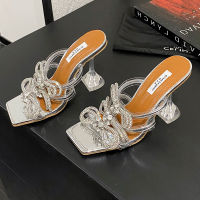 Summer Glitter Rhinestone Butterfly-Knot Women Slippers Crystal Sandals Square Toe Clear High Heeel PVC Transparent Mules S