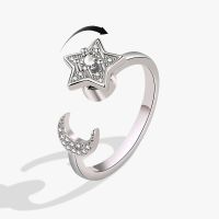 Anti Stress Ring Woman Star And Moon Rotate Freely Copper Crystal Inlay Anti Anxiety Relaxing Open Ring Jewelry Anillos Mujer