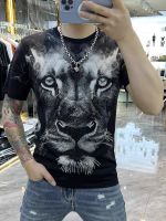 แฟชั่นเงาท็อปส์ลำลอง rhinestone สิงโตสัตว์พิมพ์หนุ่มสลิมฟิต TEE ผู้ชายเสื้อยืดร้อนคุณภาพเพชรสั้น s. ลี