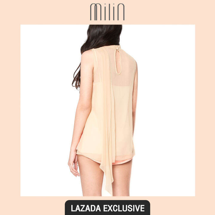 exclusive-milin-sheer-chiffon-ribbon-on-shoulder-high-neck-sleeveless-tunic-เสื้อแขนกุด-คอสูง-ทรงปล่อย-ดีเทลสายยาวบริเวณไหล่-ผ้าชีฟอง-villa-top