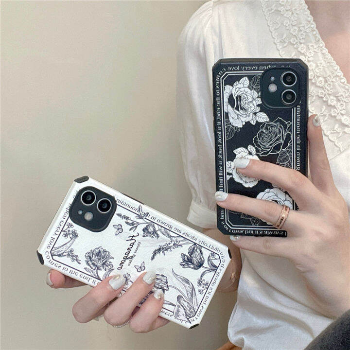 ซองโทรศัพท์ดอกไม้สไตล์ฝรั่งเศสสำหรับ-iphone12-white-rose-phone-case-สำหรับ-iphone13promax-silk-grain-phone-case-สำหรับ-iphone11-ink-drawing-phone-case-สำหรับ-iphone14-pro-white-leather-flower-phone-ca