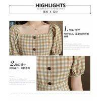 READYSTOCK A Line French square-neck r dresses women Mid-length slim plaid dress Bubble Sleeve Old School Fashion