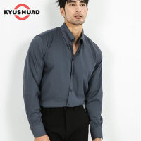 KYUSHUAD เสื้อเชิ้ตทางการพร็อพเสื้อเชิ๊ตเข้ารูปแขนยาวสีทึบแนวธุรกิจสำหรับผู้ชาย