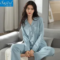 [COD] pure womens pajamas two-piece cardigan lapel comfortable simple and elegant light blue home clothes can be worn outside