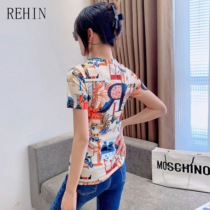 rehin-เสื้อยืดผู้หญิงเสื้อยืดแขนสั้นคอวีพิมพ์ลายไม่เหมือนใครแฟชั่นใหม่ฤดูร้อน