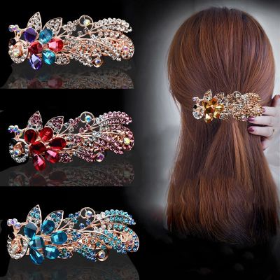New style temperament Rhinestone Peacock hairpin straight spring clip adult metal hair accessories
