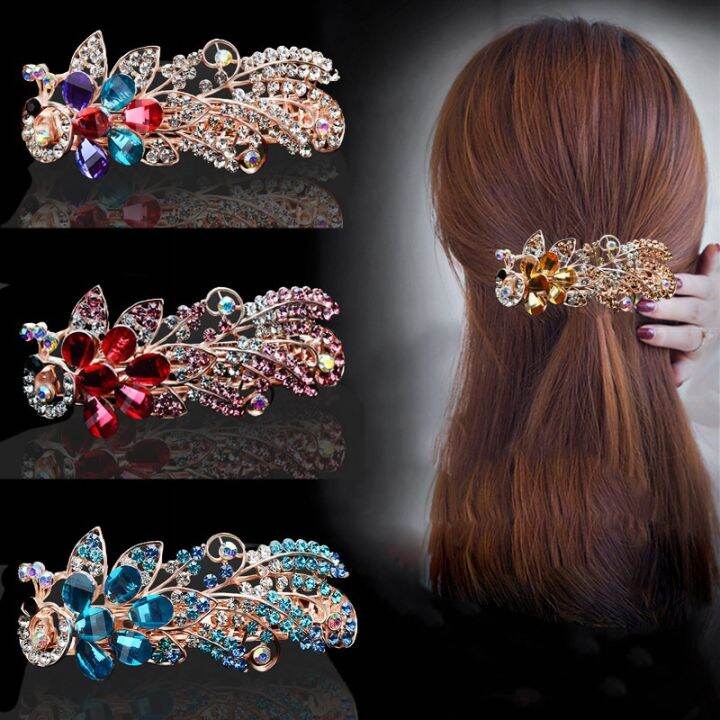 new-style-temperament-rhinestone-peacock-hairpin-straight-spring-clip-adult-metal-hair-accessories