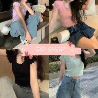 DD SHOPพร้อมส่ง 37019 เสื้อไหมพรมแขนสั้น คอวี ดีเทลผ้าร่องผ้าบาง ปลายหยักๆใส่สบายมาก -C