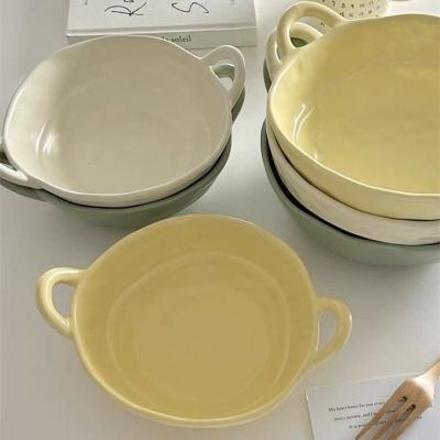 ▬✤ Nordic Style Binaural Bowl Noodle Bowl Soup Bowl Microwave Air Fryer Baking Bowl Salad Bowl Creative Household Ceramic Tableware