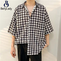 ผู้ชายฤดูร้อน Houndstooth T เสื้อแขนสั้น Lapel Cardigan เสื้อหลวมเสื้อ