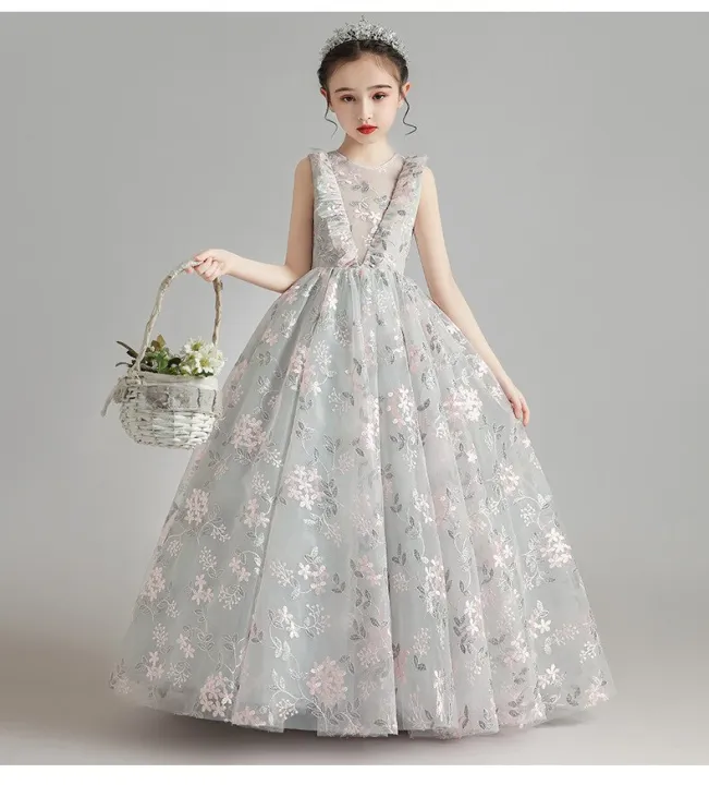 Fluffy Tulle Flower Girl Dresses Gray Lace Embroidery Floral Prom Gown ...