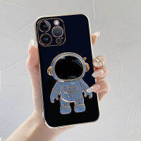 เคส iPhone 14 Pro Max case นักบินอวกาศขาตั้งแบบพับได้แฟชั่นสีทึบหรูหราชุบโครเมียมนุ่ม TPU เคสโทรศัพท์สแควร์คลุมทั้งหมดเคสป้องกั