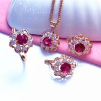 【lz】✴❄  Cristal de luxo flor conjunto de jóias 585 roxo ouro colares 14k rosa anéis de ouro para as mulheres noivado festa de casamento presente