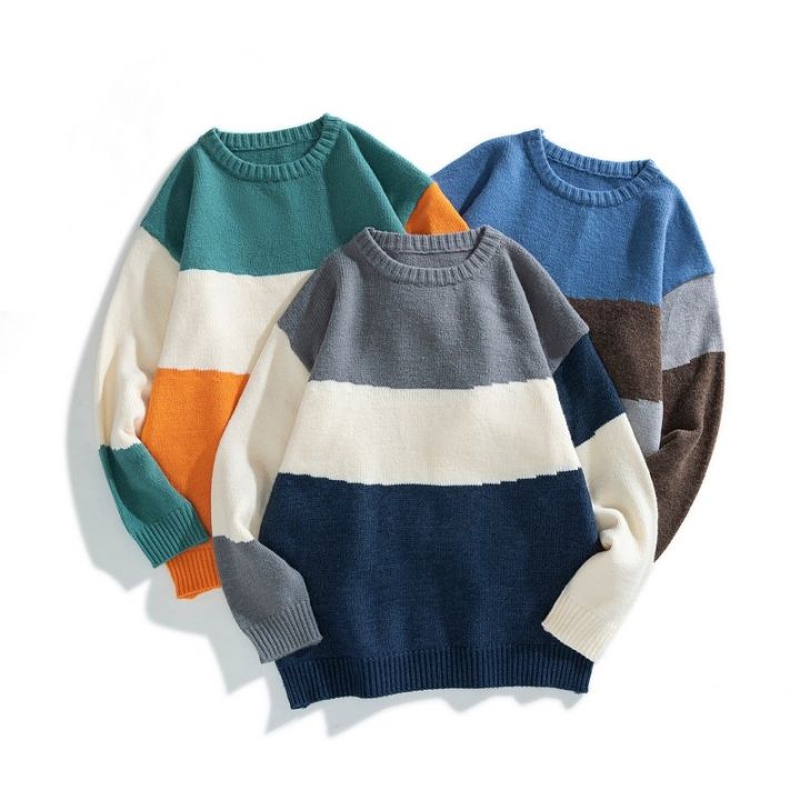 codtheresa-finger-3-color-sweater-korean-mens-casual-sweater-stitching-color-blocking-korean-trendy-boys-dress-round-neck-sweater-korean-sweater-japanese-college-style-casual-tops-couple-sweater-curre